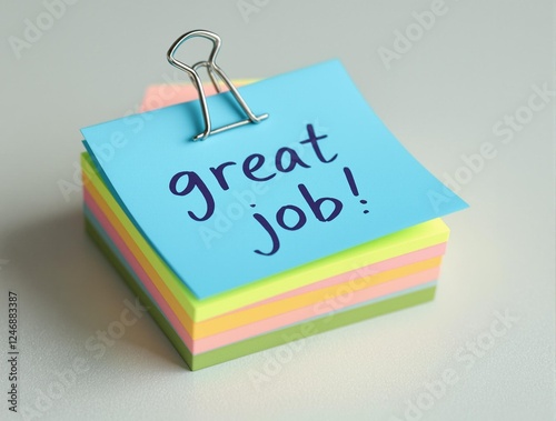 colorful stack of sticky notes with great job message held by binder clip on light blurred desk background, employee appreciation
