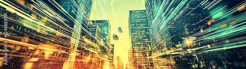 Futuristic city street at sunrise, motion blur, digital art photo