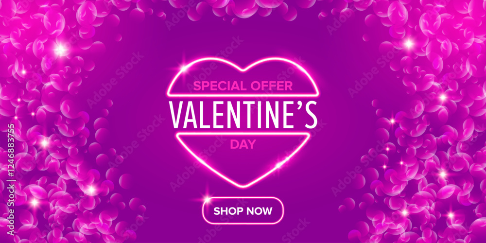 Valentines day sale horizontal banner with pink neon heart and glowing pink petals isolated on background. Valentines day sale poster with shiny pink layout and beautiful heart Valentines day sale horizontal banner with pink neon heart and glowing pink petals isolated on background. Valentines day sale poster with shiny pink layout and beautiful heart