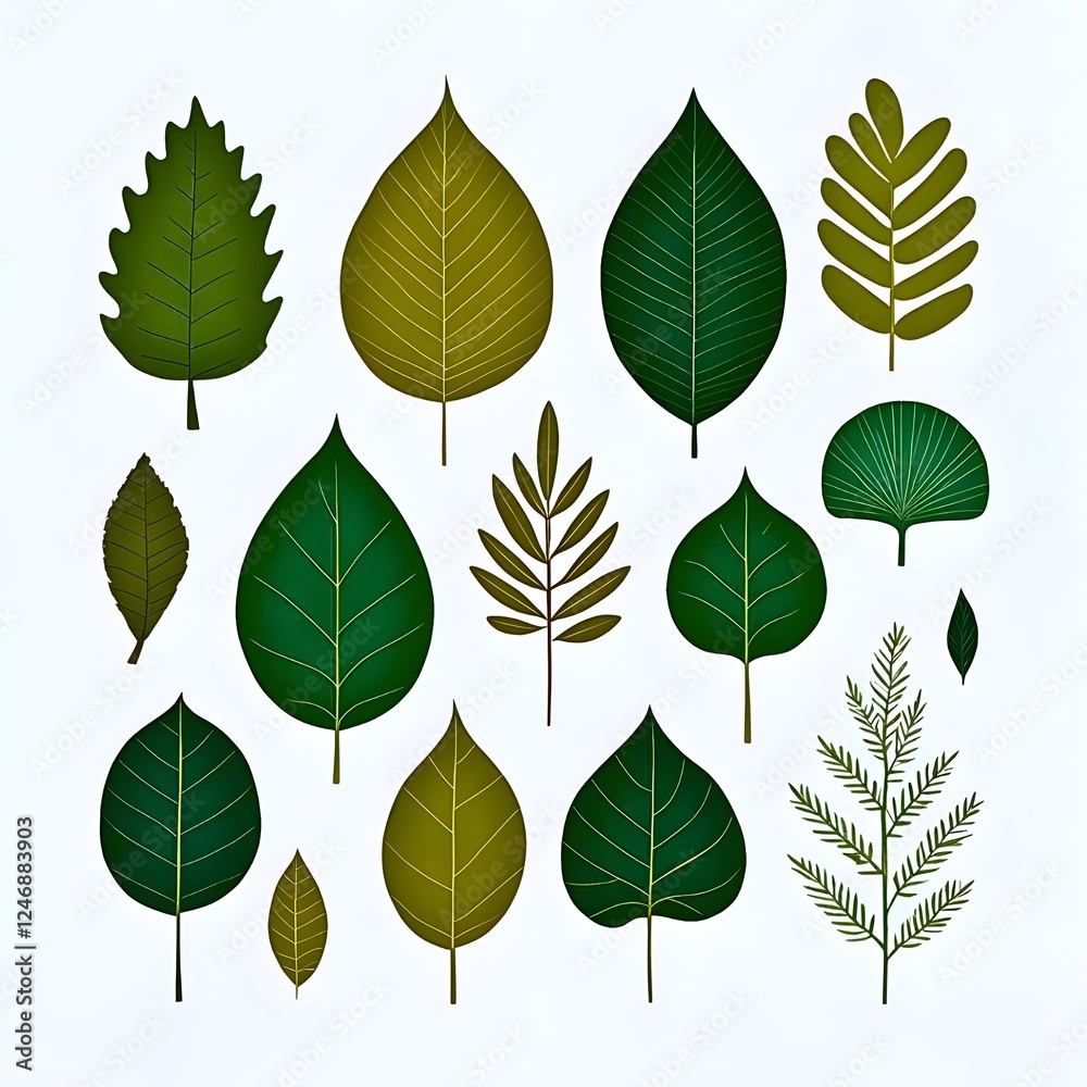 Fototapeta premium Verschiedene grüne und braune Blätter aufgereiht in einem minimalistischen Muster