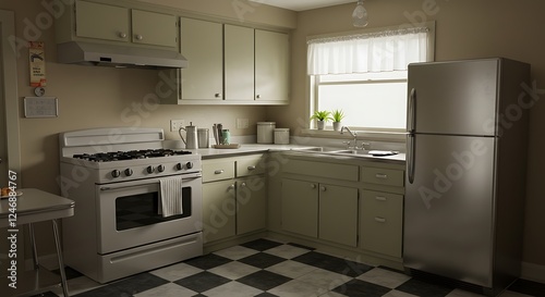 Retro 1950s Kitchen with Vintage Appliances and Checkered Floor