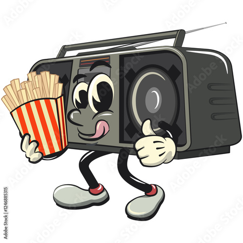 Cartoon retro groovy tape recorder boombox character brought a box of french fries, isolated vector vintage, work of hand drawn