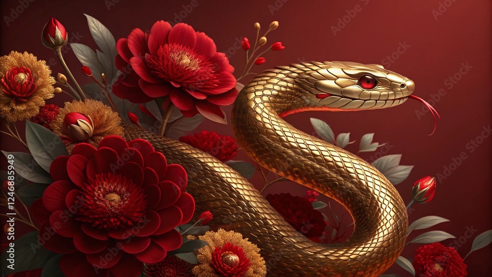 Obraz premium Elegant Golden Snake with Red Floral Ornaments