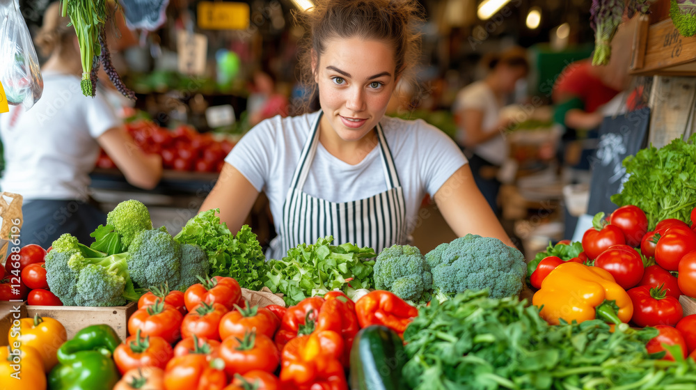 Fototapeta premium A woman in a striped apron stands confidently among colorful veg