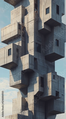 A sci-fi inspired Brutalist tower with sharp geometric patterns and dynamic, angular protrusions photo