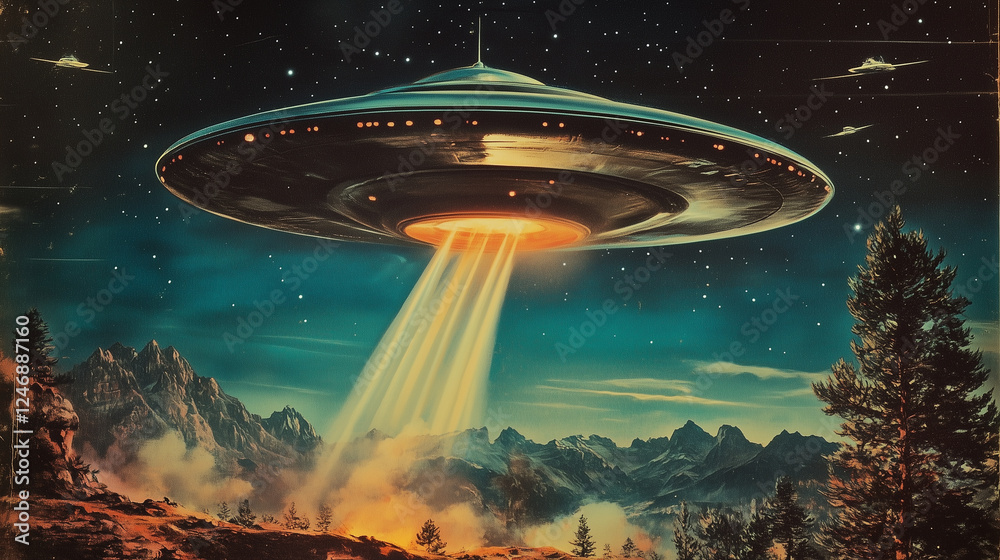 Retro Sci-Fi UFO with a Beam of Light – Poster 50s, Perfect for Vintage Movie Posters, Alien Invasion Themes, Book Covers, and Science Fiction Artwork Retro Sci-Fi UFO with a Beam of Light – Poster 50s, Perfect for Vintage Movie Posters, Alien Invasion Themes, Book Covers, and Science Fiction Artwork