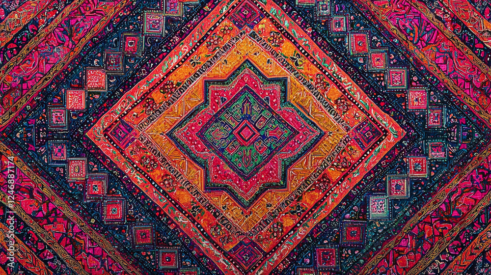 Vibrant textile with intricate geometric patterns and rich colors. Vibrant textile with intricate geometric patterns and rich colors.