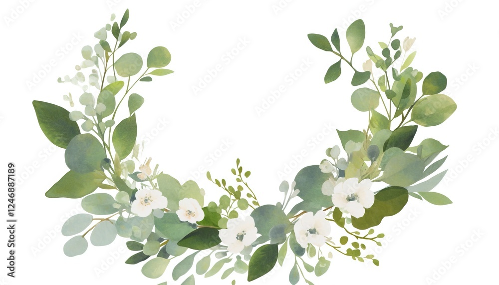 Obraz premium Watercolor floral wreath, eucalyptus leaves, white flowers, wedding invitation background