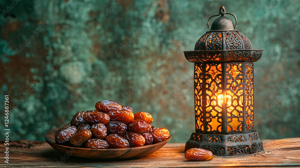 Dates and lantern on wooden table.