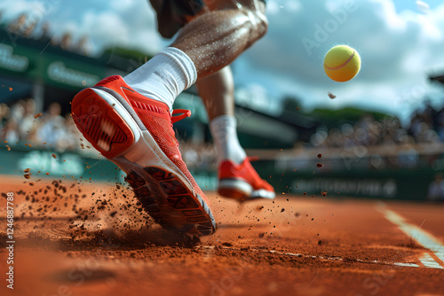 Tennis player hitting ball on clay court with dust flying and red shoes closeup. French Open tournament play. Roland Garros grand slam match. Sport competition and championship victory concept