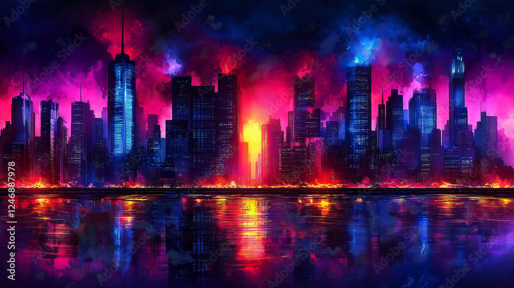 Fototapeta premium Neon Cityscape at Night: A vibrant, stylized cityscape reflects in a calm body of water, bathed in electric neon hues of pink, blue, and purple, creating a breathtaking.