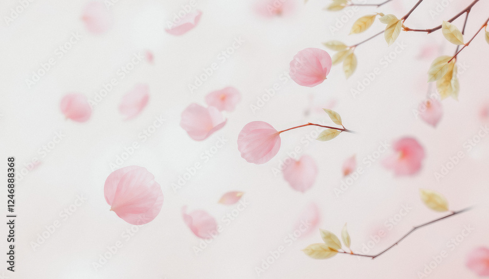 Blurred pink petals and gentle leaves in the foreground, with an airy pastel background evoking a sense of calm. Blurred pink petals and gentle leaves in the foreground, with an airy pastel background evoking a sense of calm.