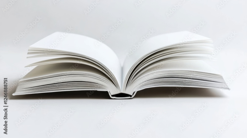 Open book lying on a white background with visible pages and text for educational or literary purposes Open book lying on a white background with visible pages and text for educational or literary purposes