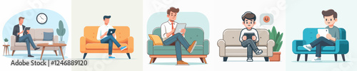 vector set of teenagers playing table sitting on sofa