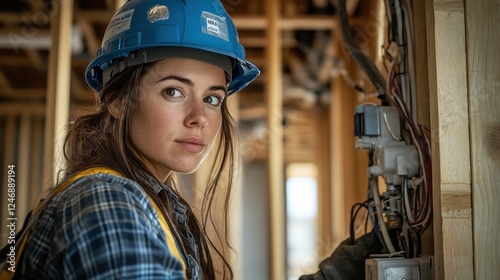 Skilled female electrician working on wiring in a construction site