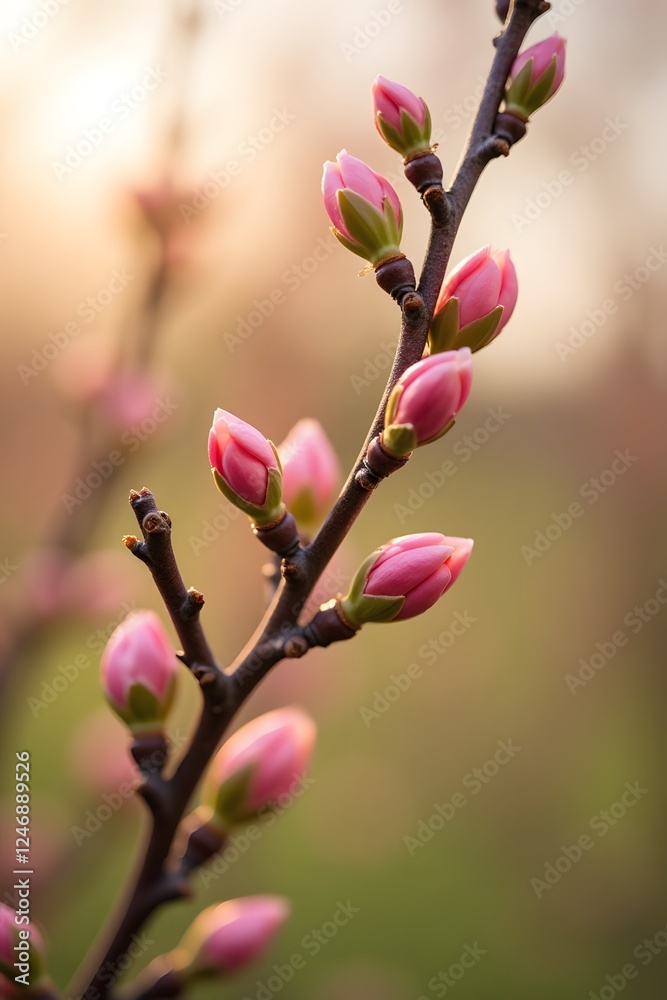 Pink magnolia buds on branch in gentle spring sunrise Pink magnolia buds on branch in gentle spring sunrise