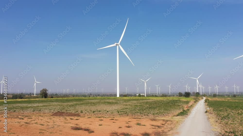 Aerial view of powerful Wind turbine farm for green energy production on beautiful sky, good environment . Wind power turbines generating clean renewable energy for sustainable development ecosystem. Aerial view of powerful Wind turbine farm for green energy production on beautiful sky, good environment . Wind power turbines generating clean renewable energy for sustainable development ecosystem.