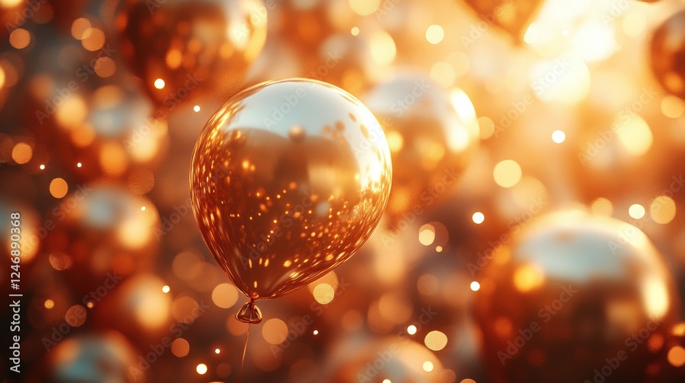 Golden balloons floating against a sparkling bokeh background for celebration and festivity design Golden balloons floating against a sparkling bokeh background for celebration and festivity design