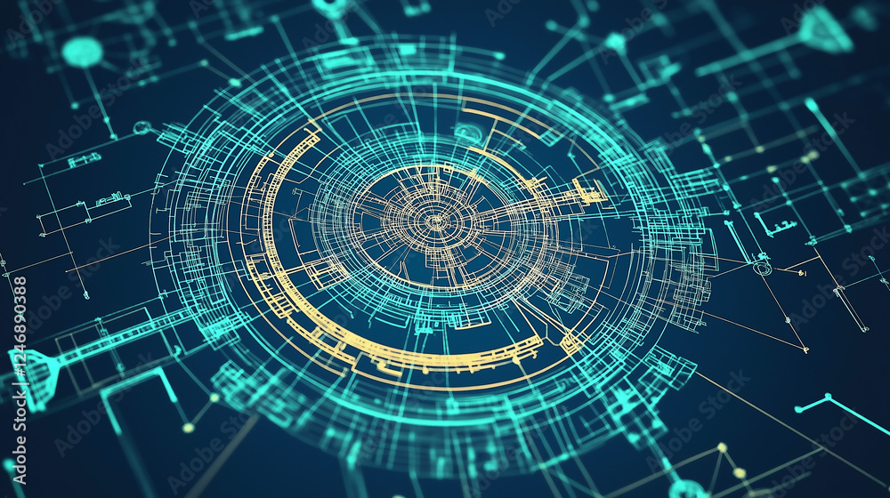 Fototapeta premium Abstract Digital Circuitry: A mesmerizing, abstract representation of a futuristic digital circuit, showcasing a complex network of interconnected nodes and lines.