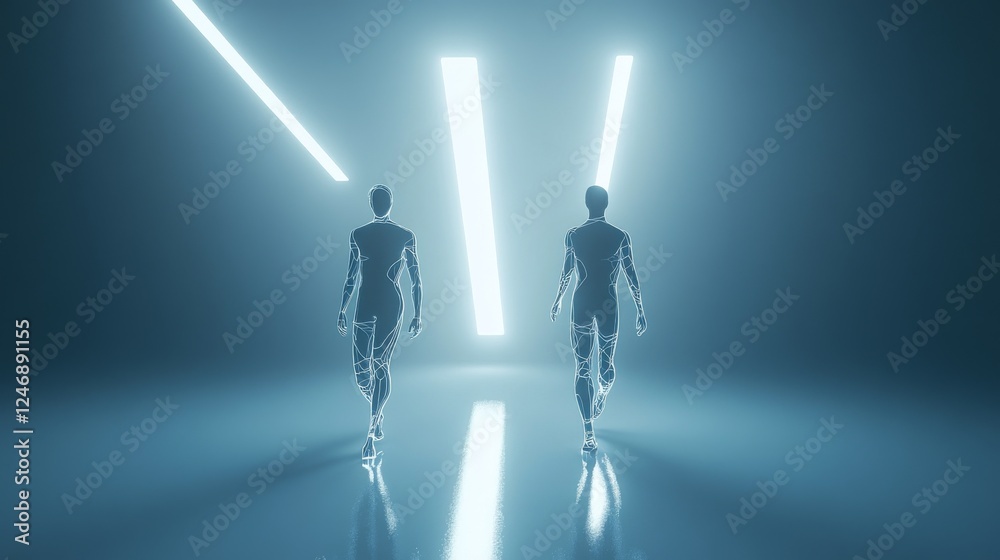 Futuristic figures in illuminated environment. Futuristic figures in illuminated environment.