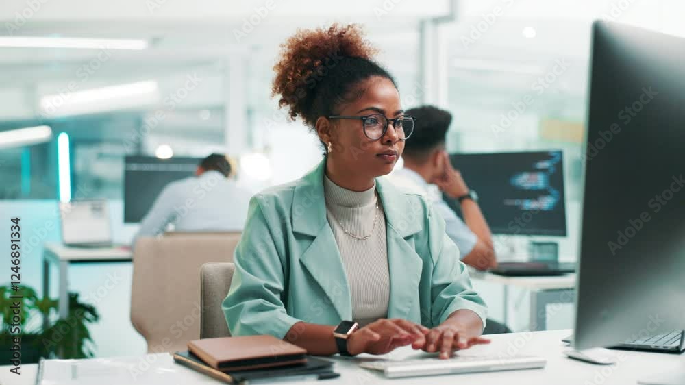 Woman, software developer or typing with computer for app development or coding at office desk. Female person, programmer or coder with glasses or technology for UI, UX or AI programming at workplace