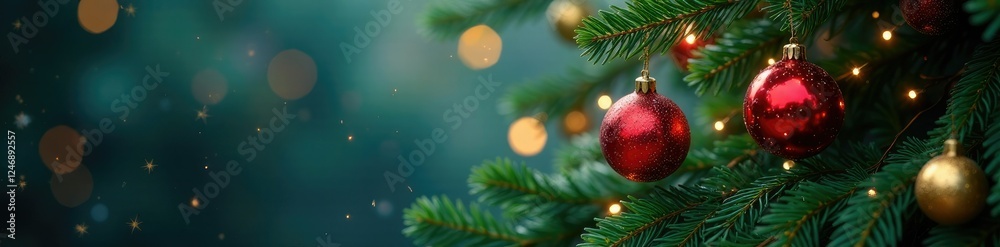 Fototapeta premium towering fir branches adorned with sparkling glass baubles, sparkling glass baubles, majestic tree limbs