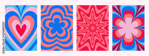 Abstract psychedelic pattern set. Groovy backgrounds with hearts and flowers in blue and pink colors. Trendy funky vector textures in abstract y2k style. Vector graphic for posters and art prints