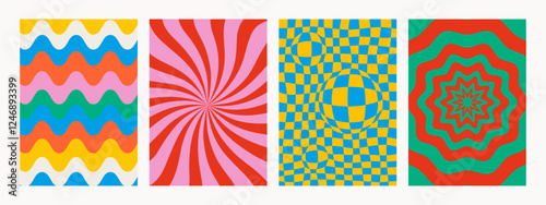 Groovy backgrounds in vivid colors. Abstract psychedelic retro pattern set. T...