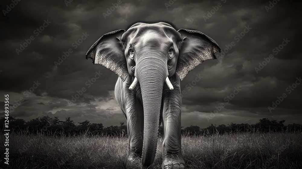 Naklejka premium Black and white photograph of an elephant standing in the dark