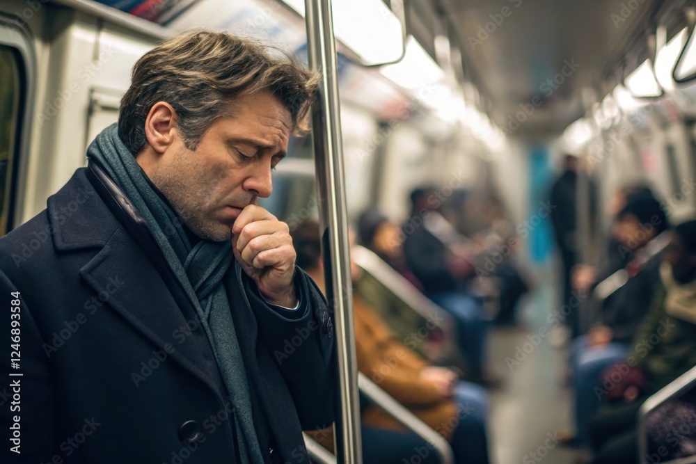 Tired man standing on subway train reflecting exhaustion and stress during daily commute Tired man standing on subway train reflecting exhaustion and stress during daily commute