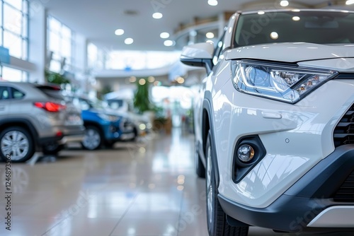 New SUV Car in Modern Dealership Showroom, Shining Headlights, Ready for a Test Drive