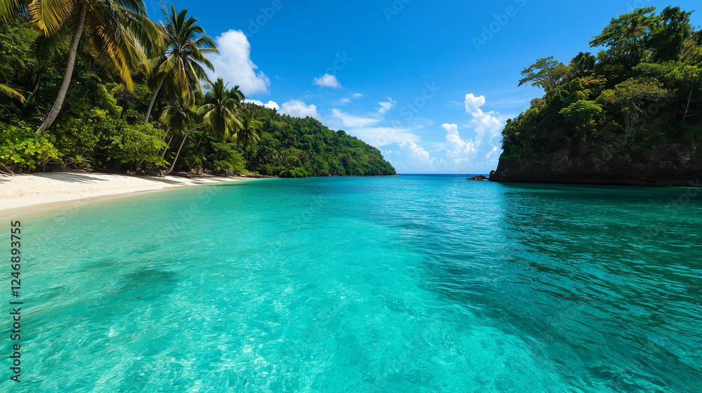 Obraz premium white sand beach surrounded by lush greenery