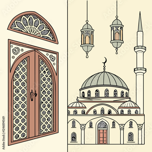 Ramadan Kareem celebrate cards set. Ramadan islamic holiday invitations templates collection with gold crescent moon, hand drawn lettering and mosque. Vector illustration