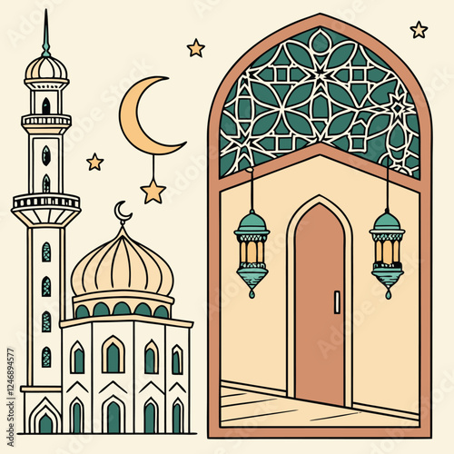 Ramadan Kareem celebrate cards set. Ramadan islamic holiday invitations templates collection with gold crescent moon, hand drawn lettering and mosque. Vector illustration