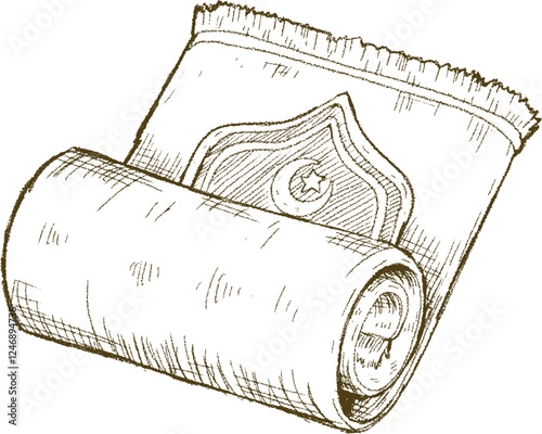 Rolled-Up Islamic Prayer Rug Hand-Drawn Illustration