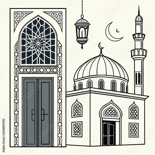 Ramadan Kareem celebrate cards set. Ramadan islamic holiday invitations templates collection with gold crescent moon, hand drawn lettering and mosque. Vector illustration