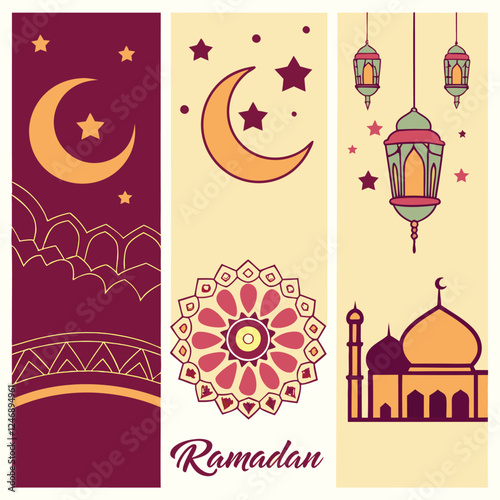 Ramadan Kareem celebrate cards set. Ramadan islamic holiday invitations templates collection with gold crescent moon, hand drawn lettering and mosque. Vector illustration