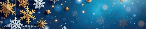 Snowflake decorations in shades of blue and gold, wintery, festive, holiday