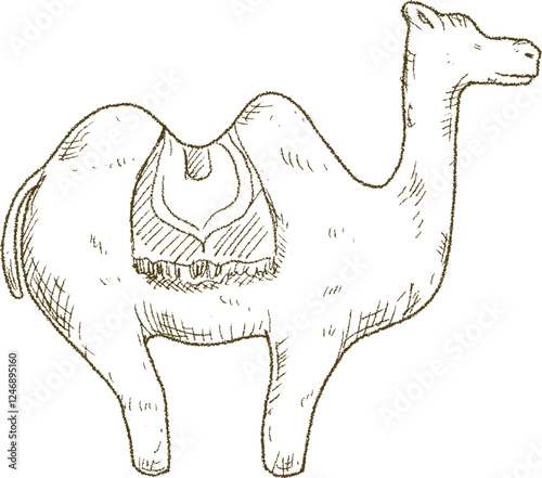 Hand-Drawn Illustration of a Camel with Saddle