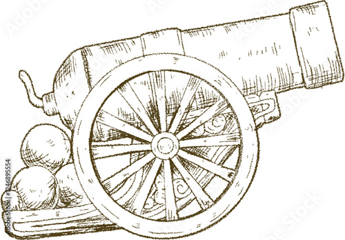 Vintage Cannon Illustration  Hand-Drawn Artillery Piece with Cannonballs