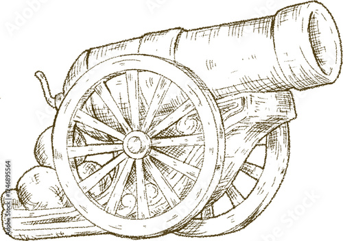 Vintage Cannon Illustration Hand-Drawn Sketch of an Antique Artillery Piece