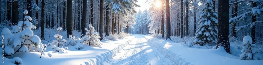 Obraz premium Snow-covered forest path winding through trees, serene, snow
