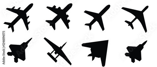 Airplane icon set. Aircraft vector sign. Airplane icon. Plane symbol. Air plane vector illustration. Airline sign.  Airport arrival departure symbol. Airplane icon set vector on white background
