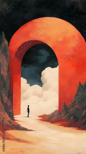 Ethereal Journey: A Faceless Figure Walking into a Gateway of Light
