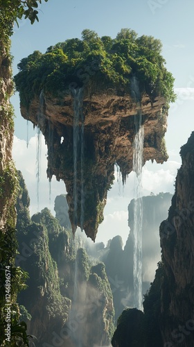 Enchanting Floating Island with Upside-Down Waterfalls