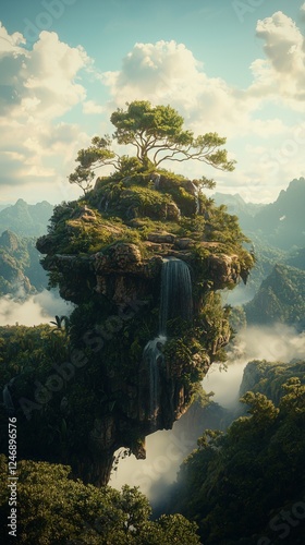 Enchanting Floating Island with Upside-Down Waterfalls