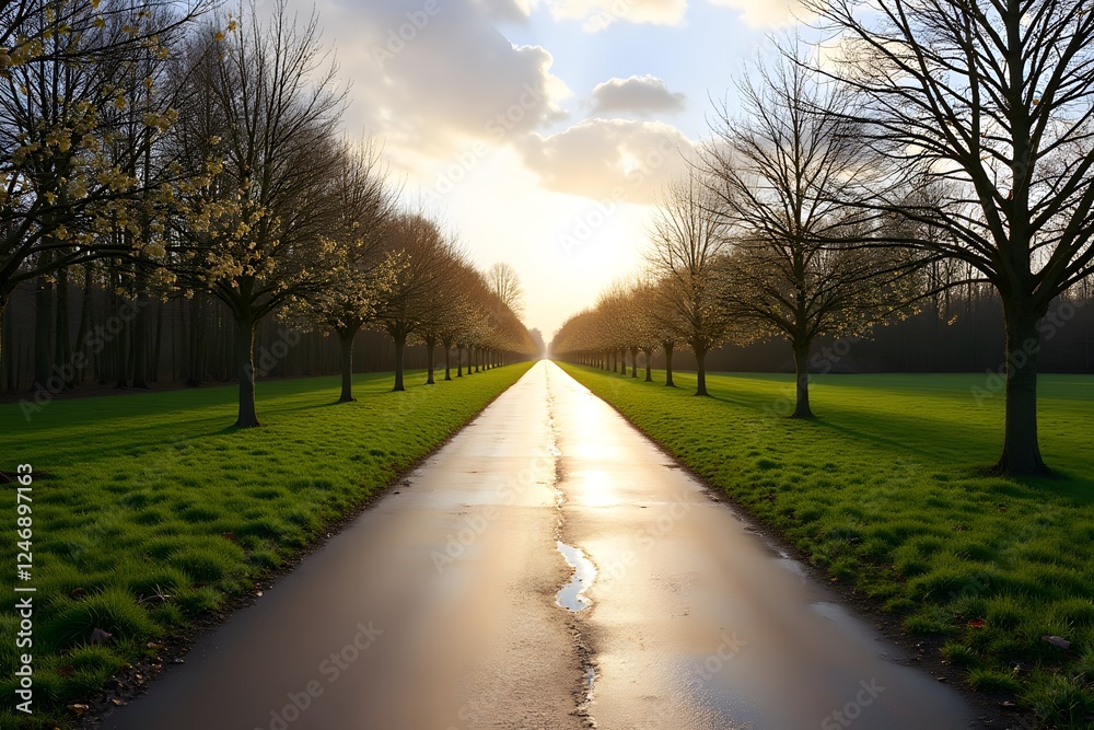 Fototapeta premium Sunset over serene tree-lined pathway in early spring