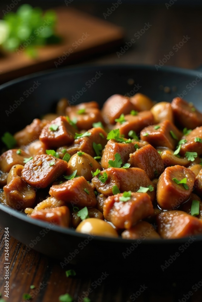 Sizzling beef strips in a skillet with saut?ed onions and garlic, oil, cuban Sizzling beef strips in a skillet with saut?ed onions and garlic, oil, cuban