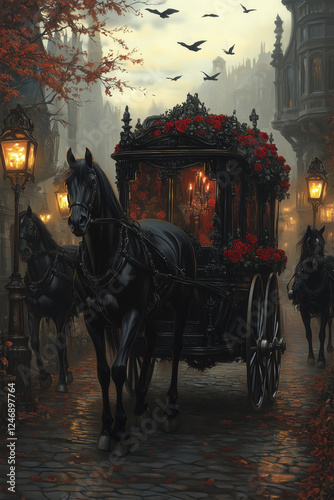 A Victorian black horse-drawn hearse decorated with red roses and black silk ribbons, moving through a misty cobblestone street with vintage lanterns. A classic funeral tribute
