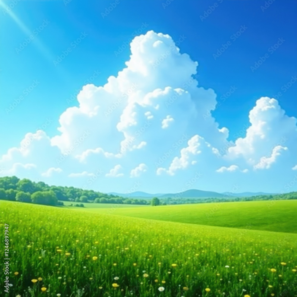 Obraz premium Serene landscape under the vast blue sky and white puffy clouds, serene, idyllic